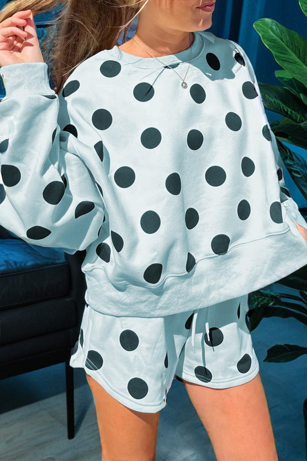 Polka Dot Print Drop Shoulder Pullover Drawstring Shorts Set