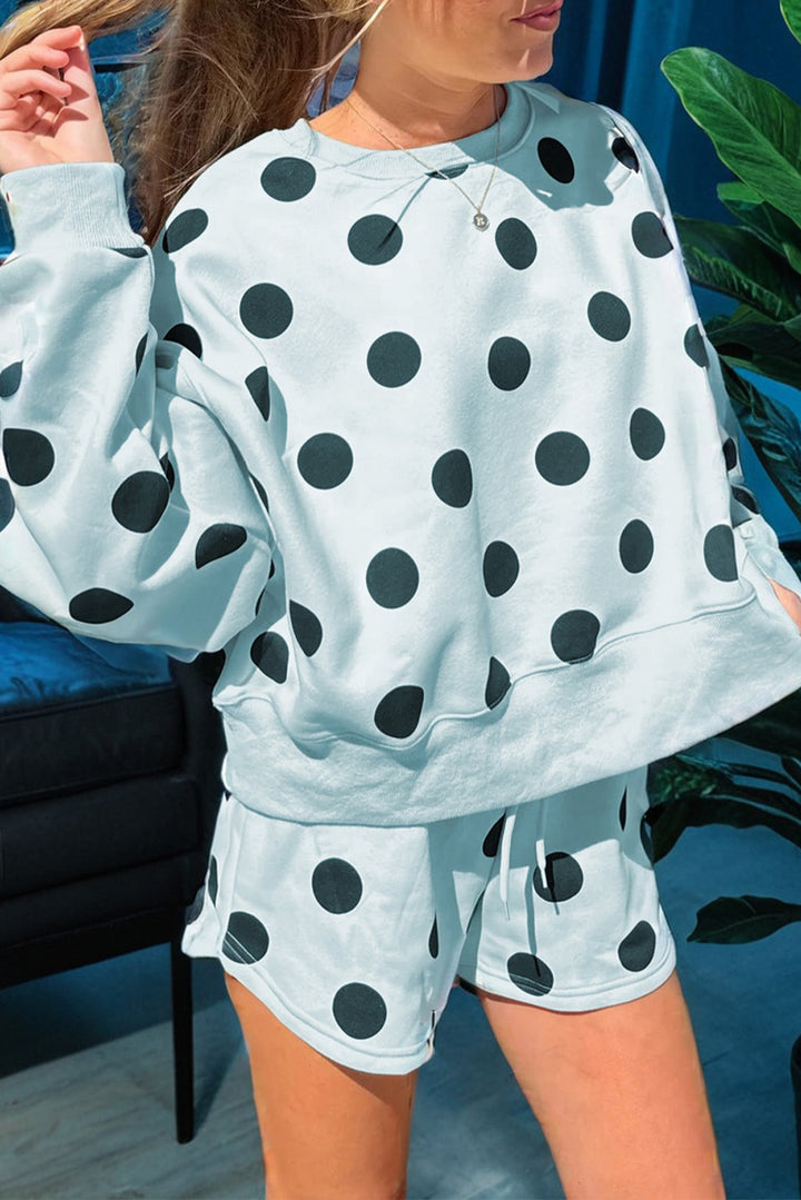 Polka Dot Print Drop Shoulder Pullover Drawstring Shorts Set