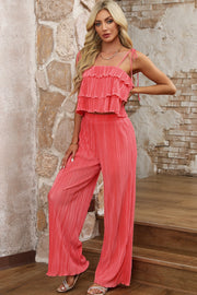 Layered Tie Shoulder Top and Wide Leg Pants Set -