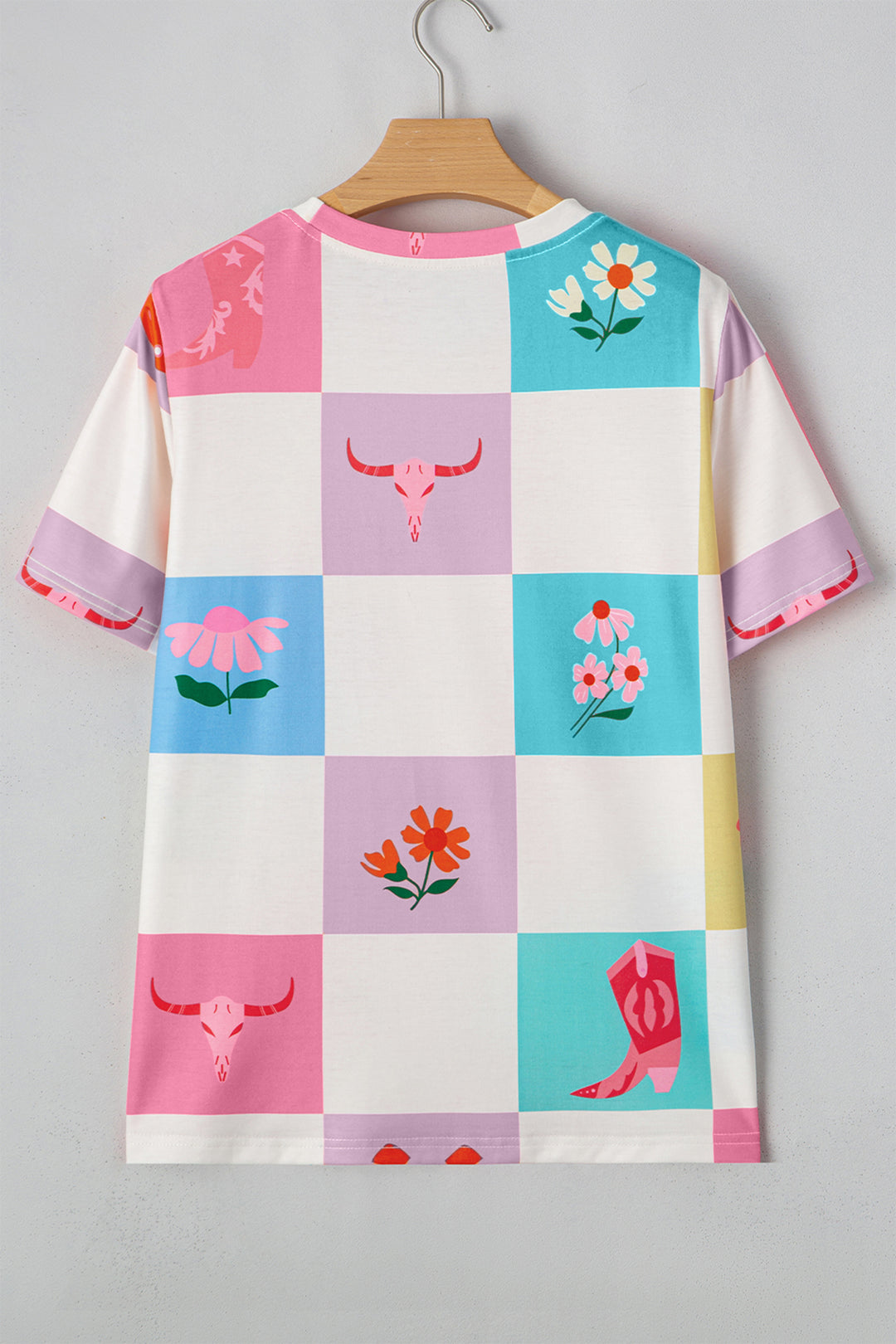 Western Fashion Checker Print Crewneck T Shirt