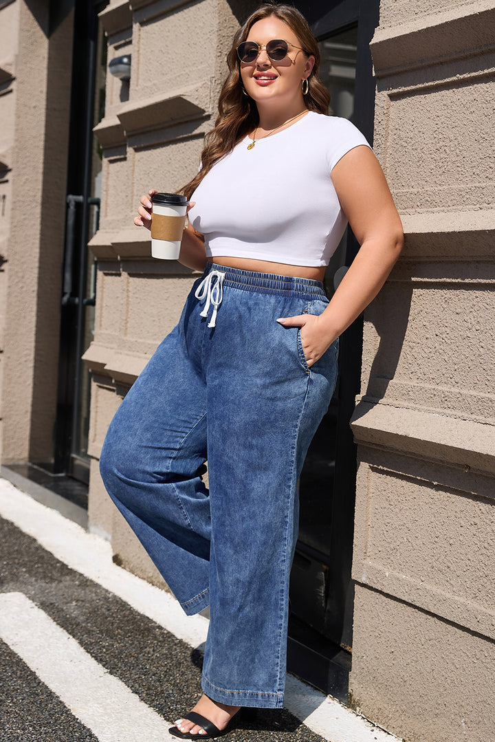 Dusk Blue Plus Size Drawstring High Waist Straight Leg Jeans