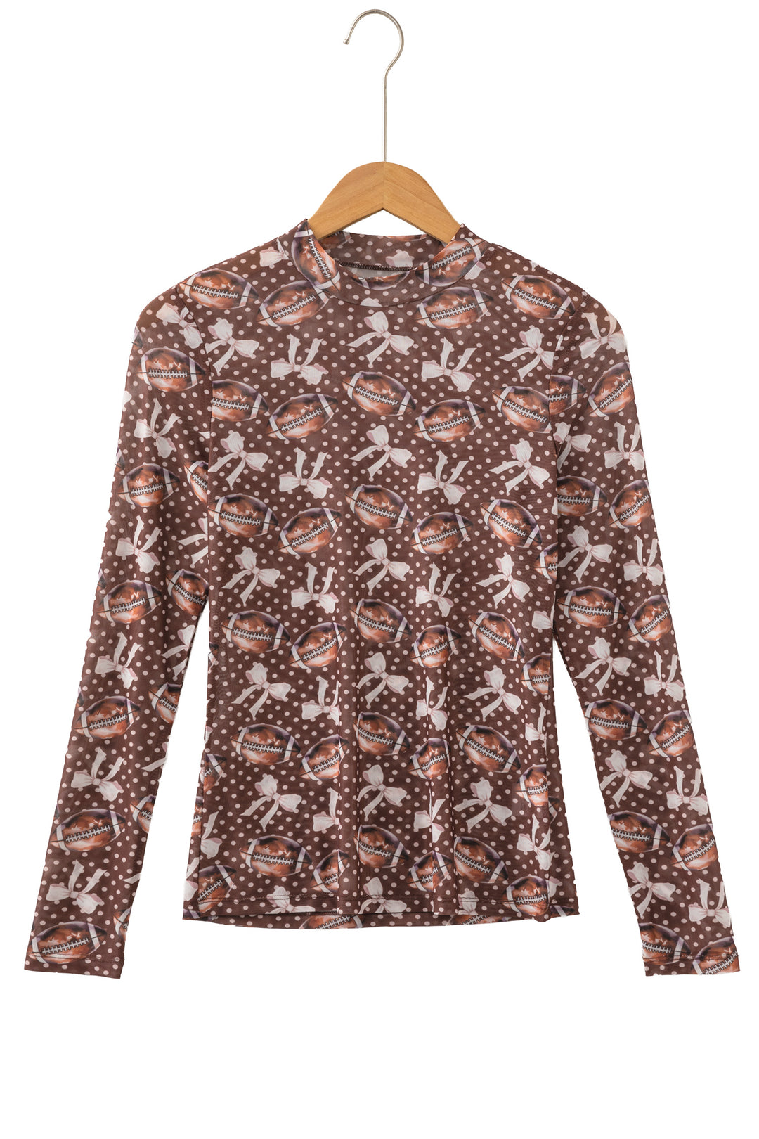 Brown Polka Dot Bow Printed Game Day Vibes Mesh Long Sleeve Top