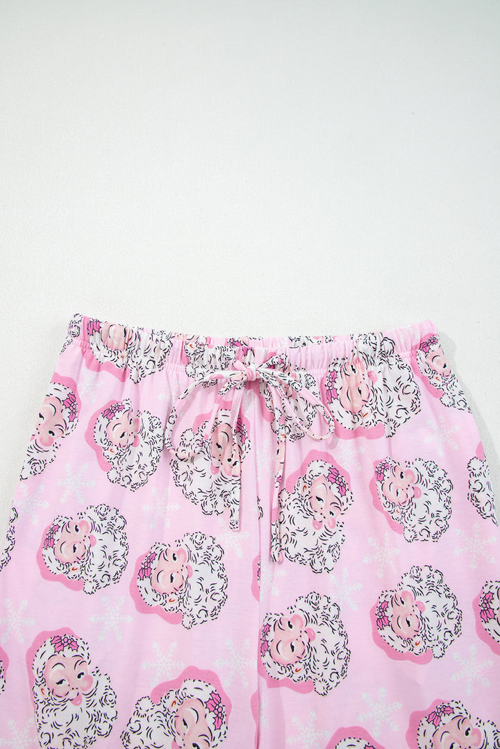 Pink Santa Claus Print V Neck Tee Drawstring Pants 2pcs Lounge Set