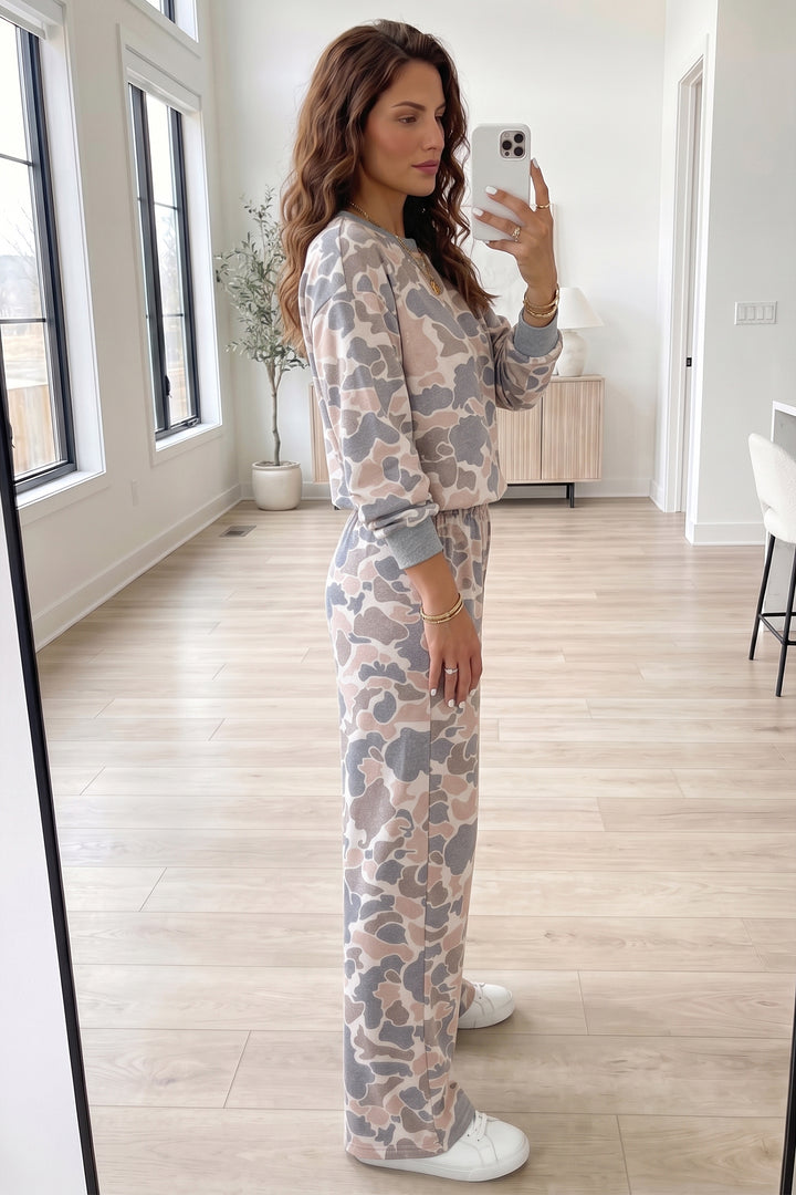 Multicolour Camouflage Print Long Sleeve Top Loose 2pcs Pants Set