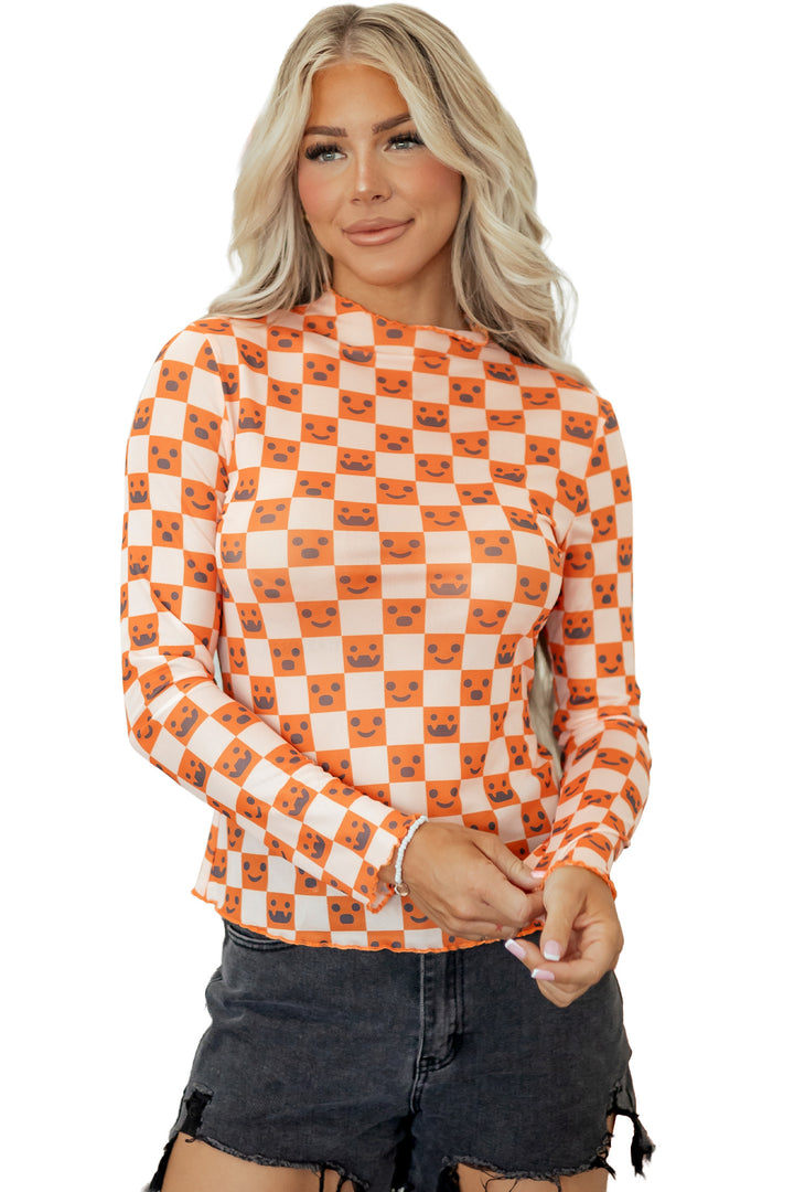 Orange Abstract Halloween Pattern Long Sleeve Stand Neck Shift Blouse