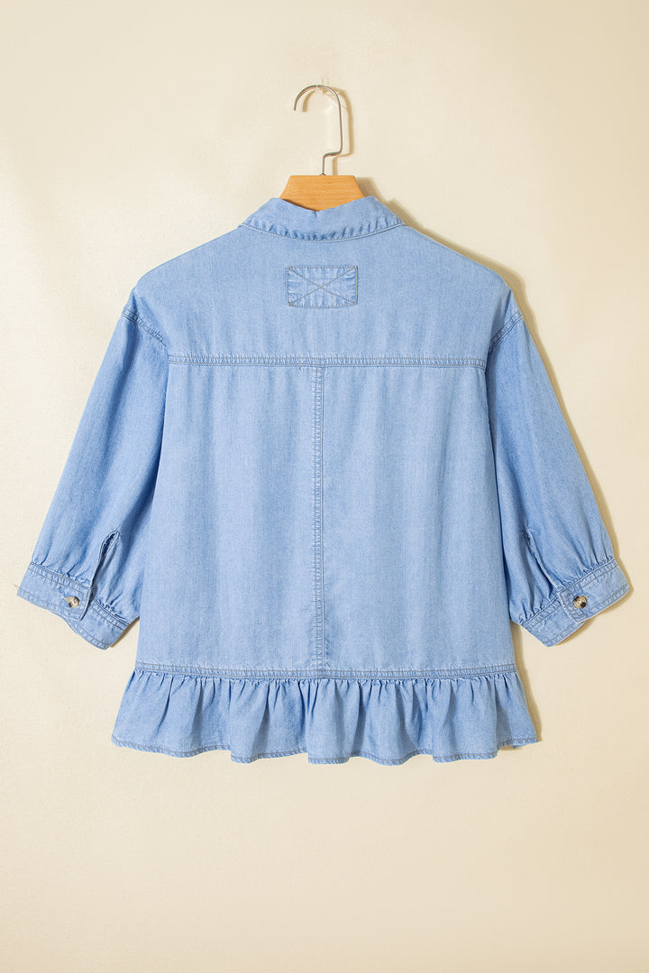 Beau Blue Half Sleeve Button Down Ruffled High Low Chambray Shirt