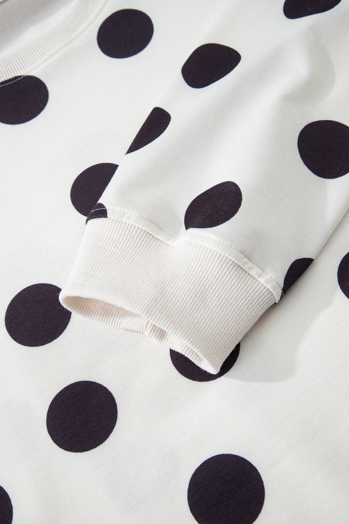 Polka Dot Print Drop Shoulder Pullover Drawstring Shorts Set