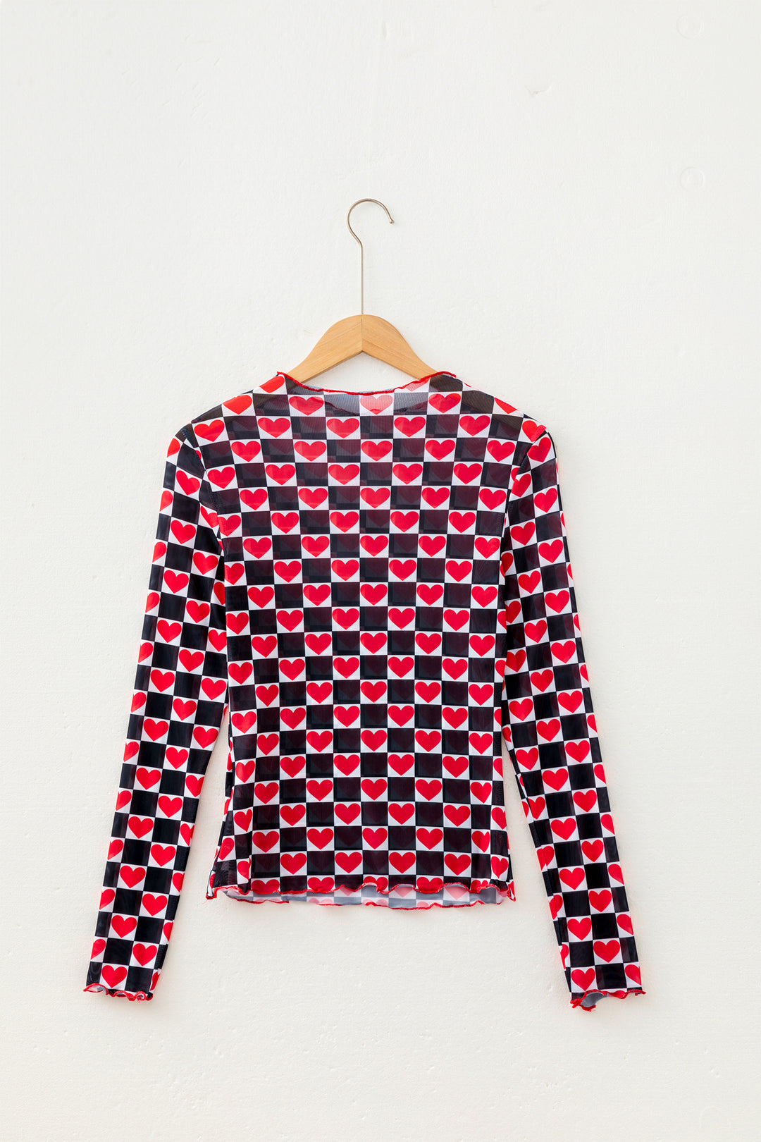 Plaid Heart Mesh Sheer Long Sleeve High Neck Blouse