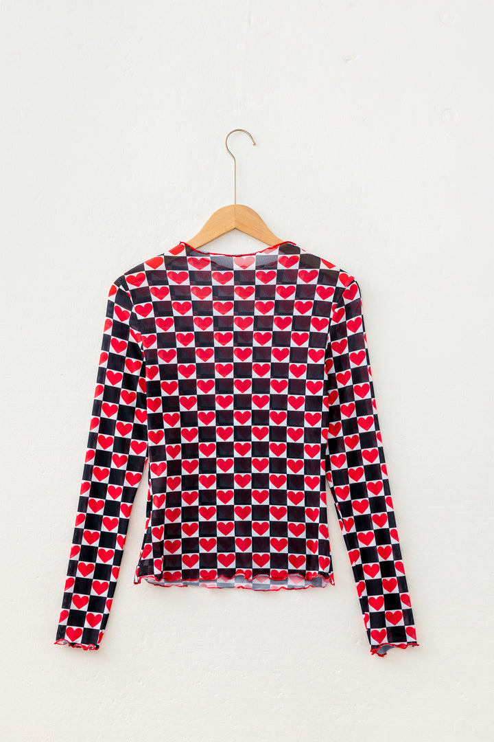 Plaid Heart Mesh Sheer Long Sleeve High Neck Blouse