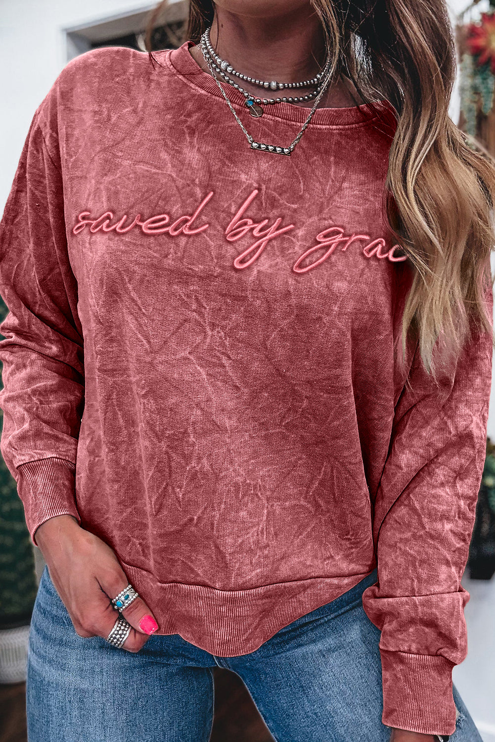 saved by grace Letter Embroidery Mineral Wash Loose Sweatshirt