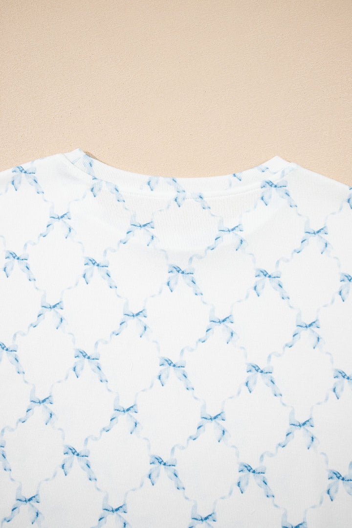 Sky Blue Bow Knot Geometric Print Lettuce Trim Two Piece Lounge Set