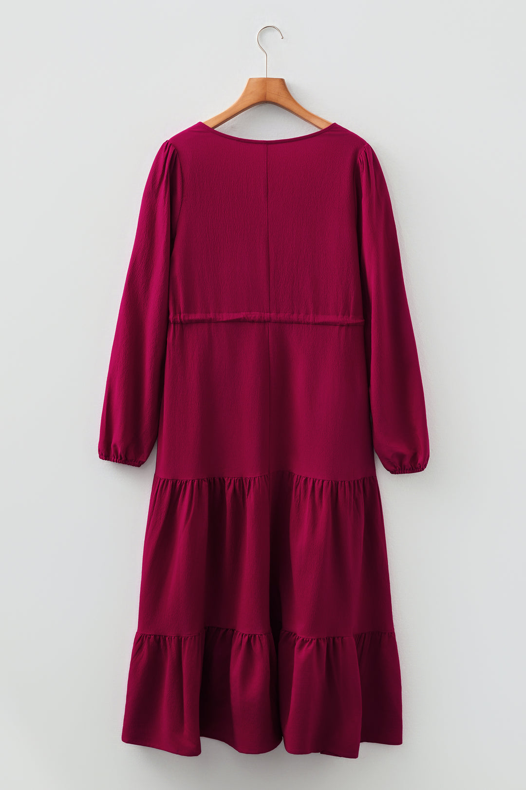 Solid color Long Sleeve Button V Neck Tiered Maxi Dress
