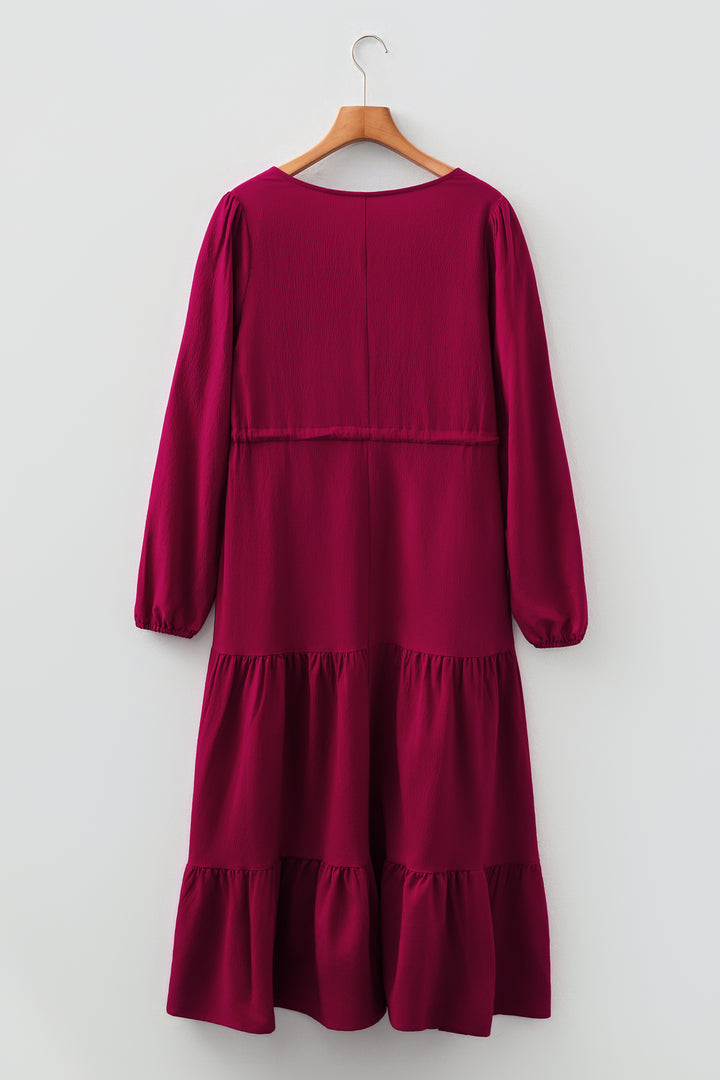 Solid color Long Sleeve Button V Neck Tiered Maxi Dress