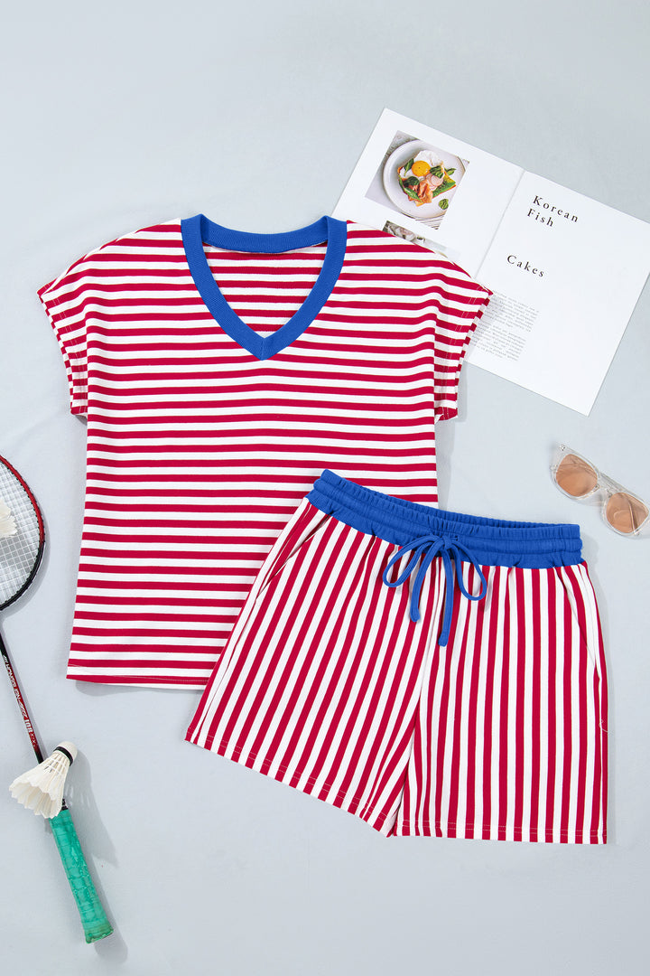 Stripe Colorblock Trim V Neck Tee Drawstring Elastic Waist Short Set
