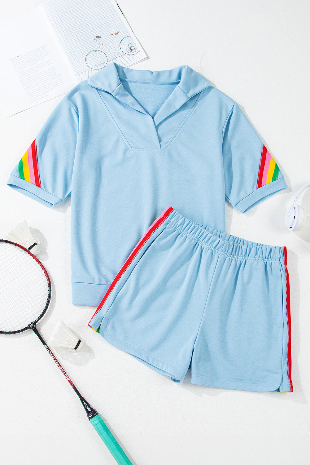 Rainbow Colorblock Collared Short Sleeve Top 2 Piece Shorts Set