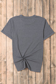 a gray t - shirt with a knot on the front