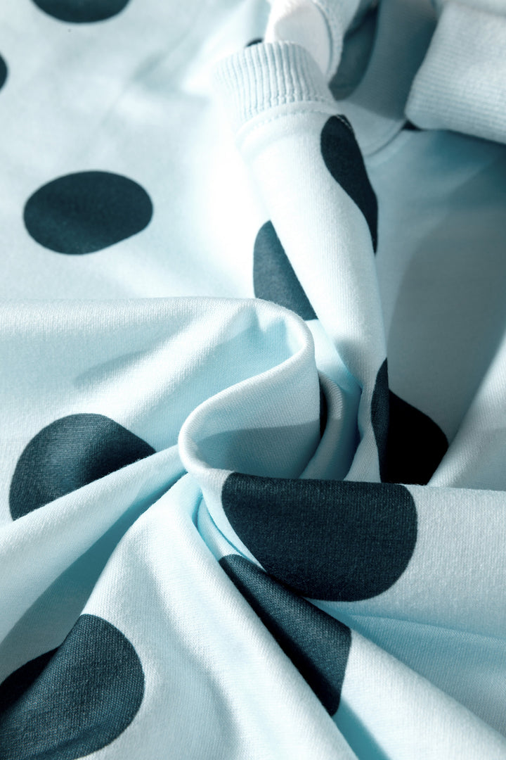 Polka Dot Print Drop Shoulder Pullover Drawstring Shorts Set