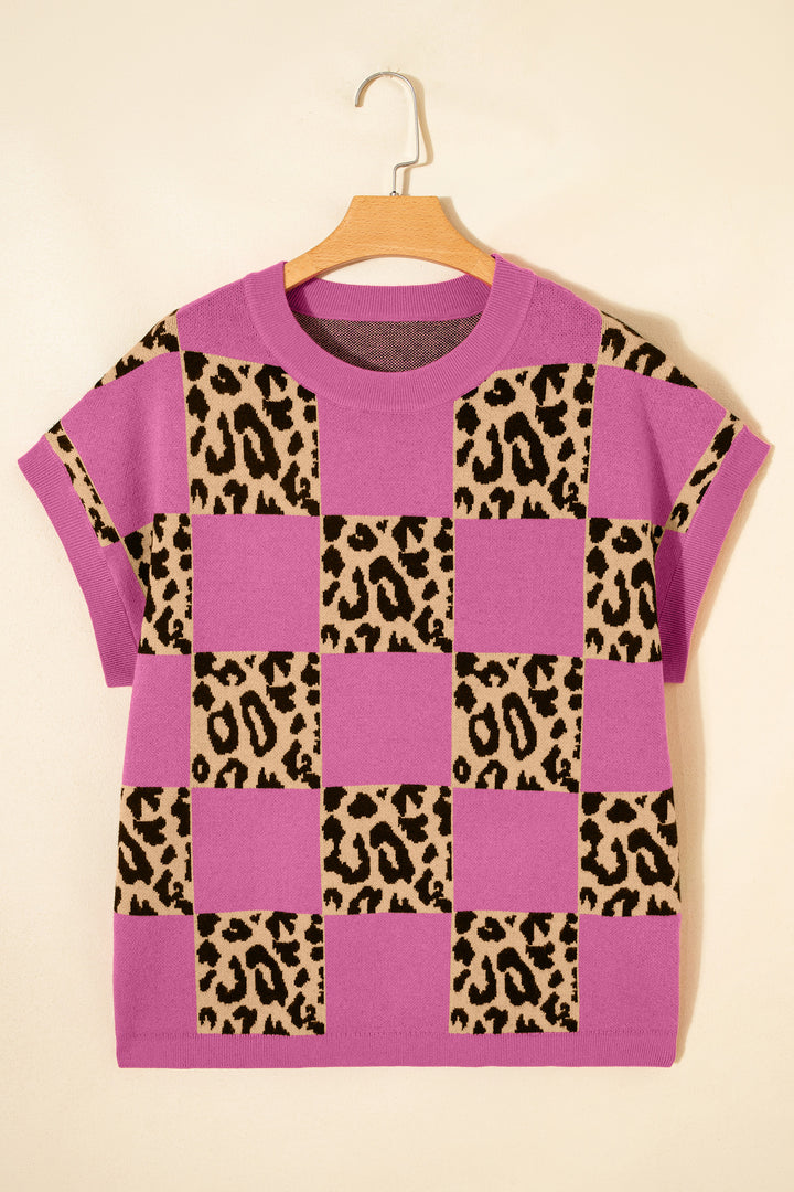 Leopard Checkerboard Short Sleeve Knit Sweater