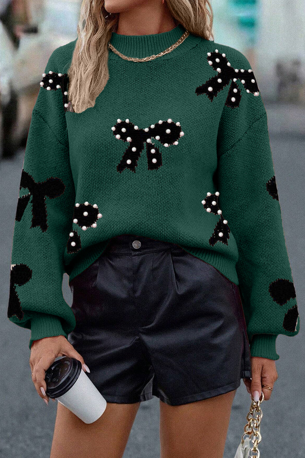 Pearl Embellished Bow Pattern Loose Sweater
