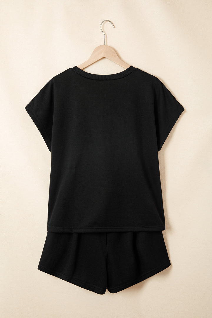 Leopard Bow Patched V Neck Loose Tee Drawstring Shorts 2pcs Outfit