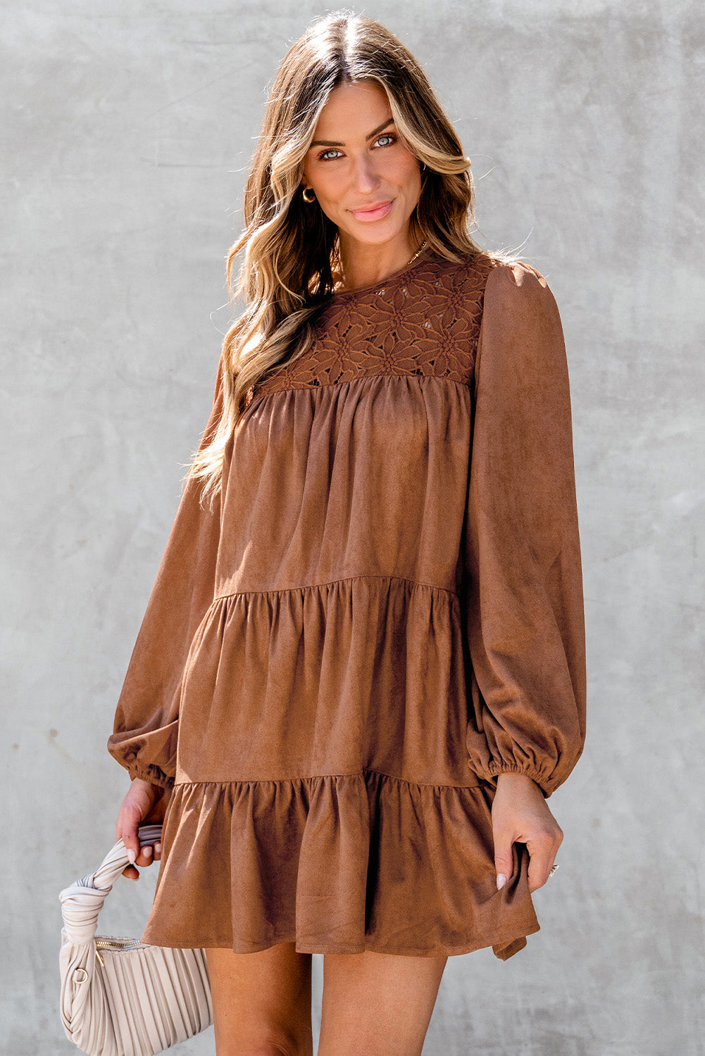 Chestnut Floral Lace Crochet Tiered Ruffled Mini Dress Chestnut / S / 90%Polyester+10%Elastane Chestnut Floral Lace Crochet Tiered Ruffled Mini Dress Chestnut / S / 90%Polyester+10%Elastane