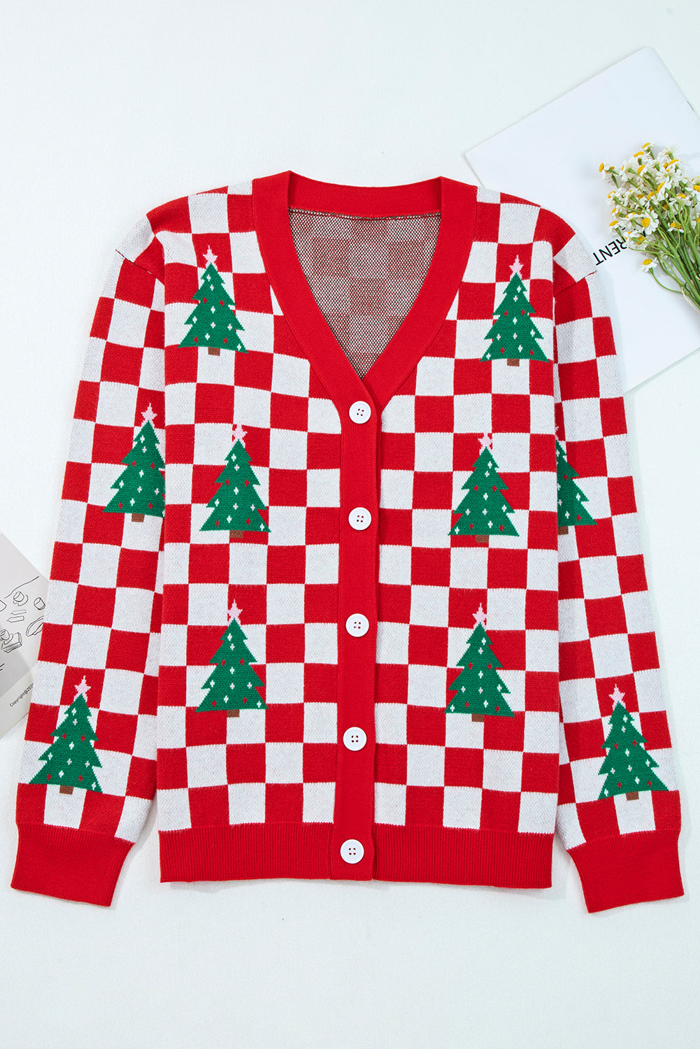 Checkered Christmas Tree Pattern Button V Neck Cardigan Sweater