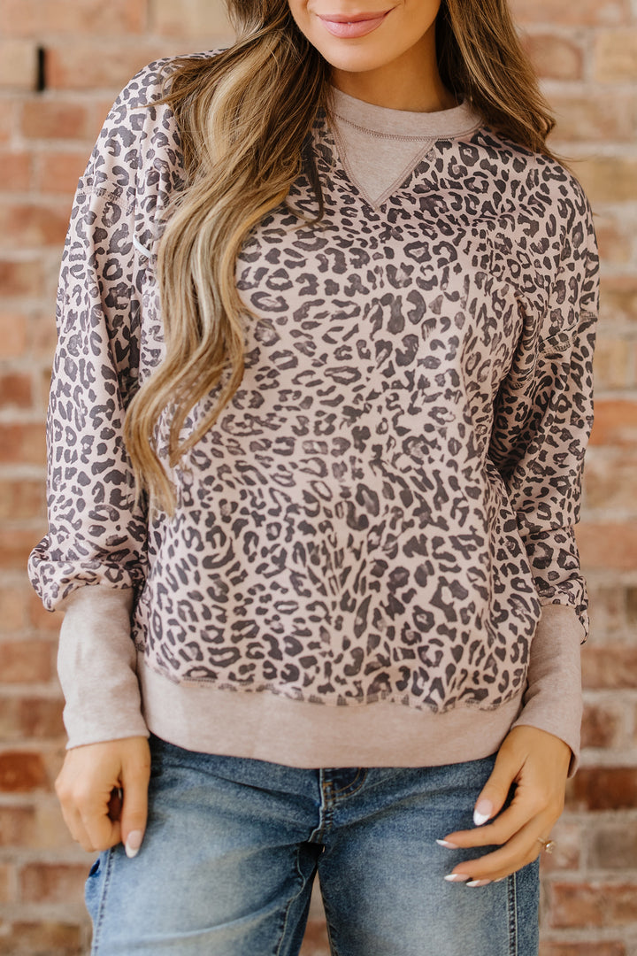 Leopard Print Patchwork Crew Neck Sweatshirt