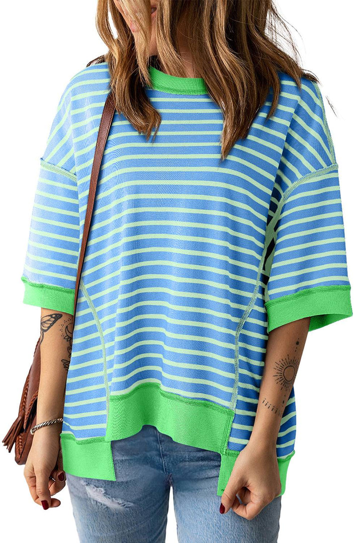 Stripe Oversized Contrast Trim Exposed Seam High Low T Shirt