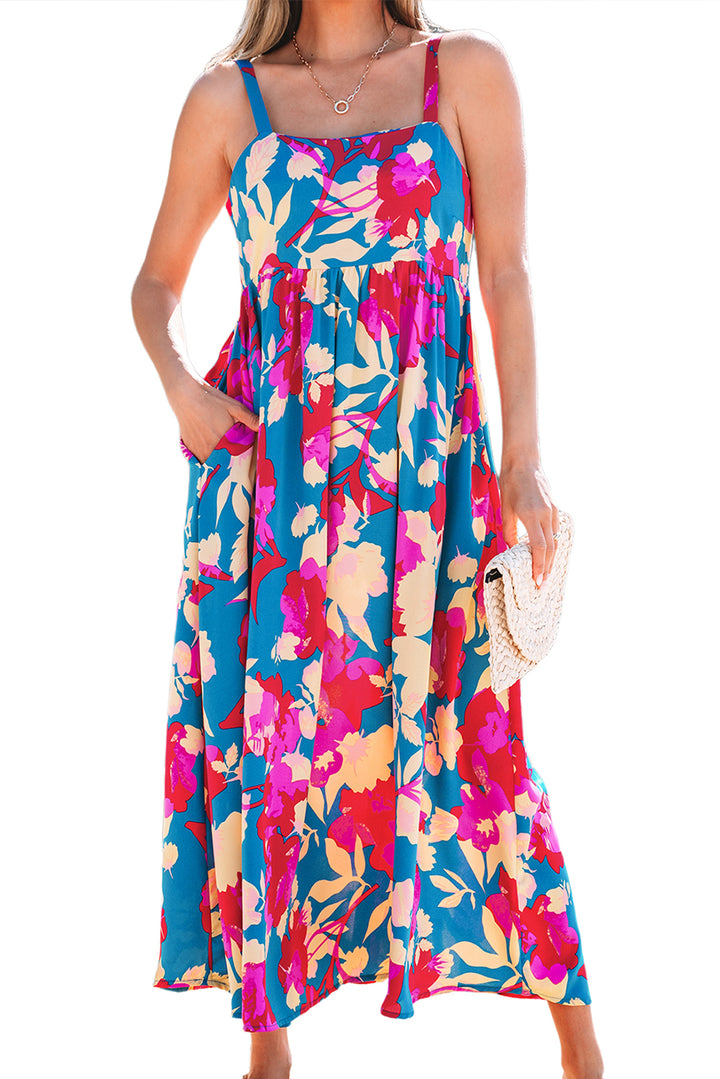 Dark Blue Floral High Waist Sleeveless Flared Long Dress