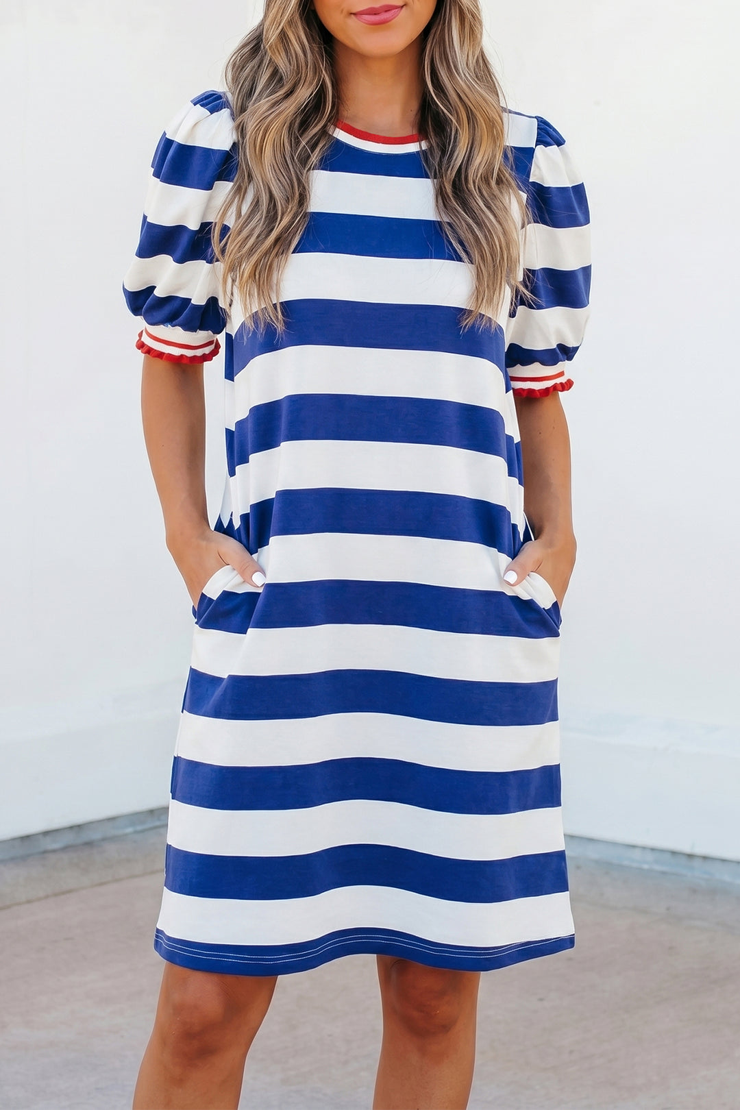 Stripe Contrast Trim Round Neck Short Puff Sleeve Shift Mini Dress