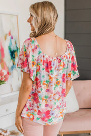 Multicolor Watercolor Floral Square Neck Ruffle Sleeve Blouse -