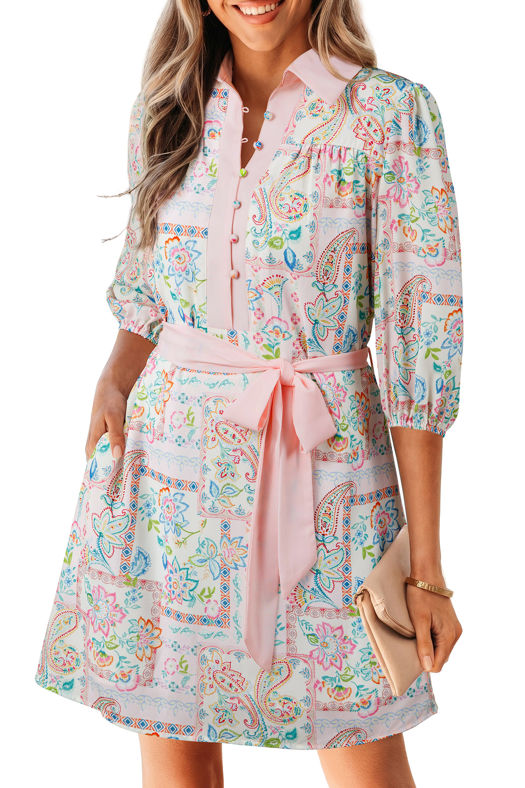 Pink Boho Floral Print Color Block Trim Half Button Belted Mini Dress