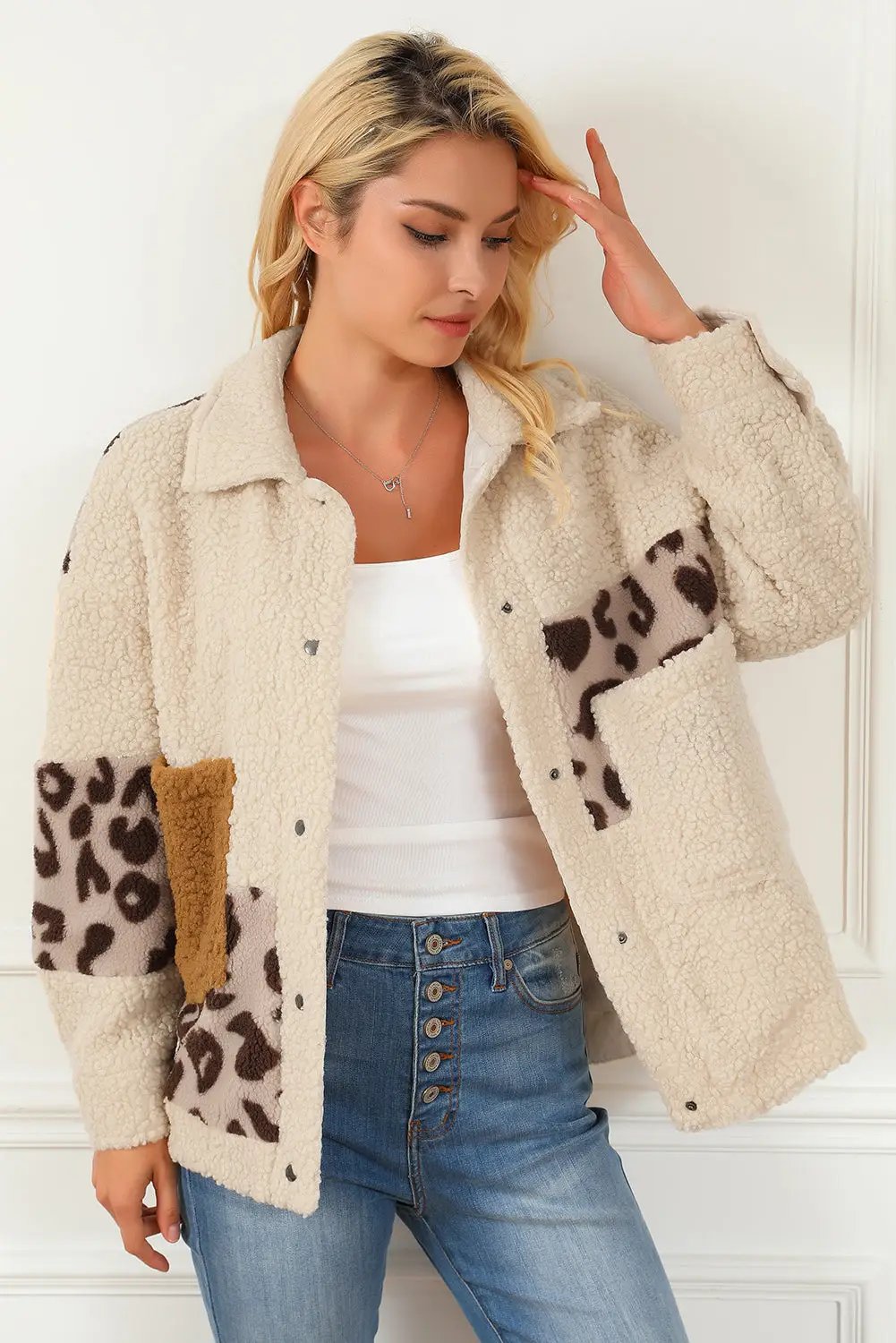 Beige Leopard Patchwork Snap Buttons Sherpa Jacket -