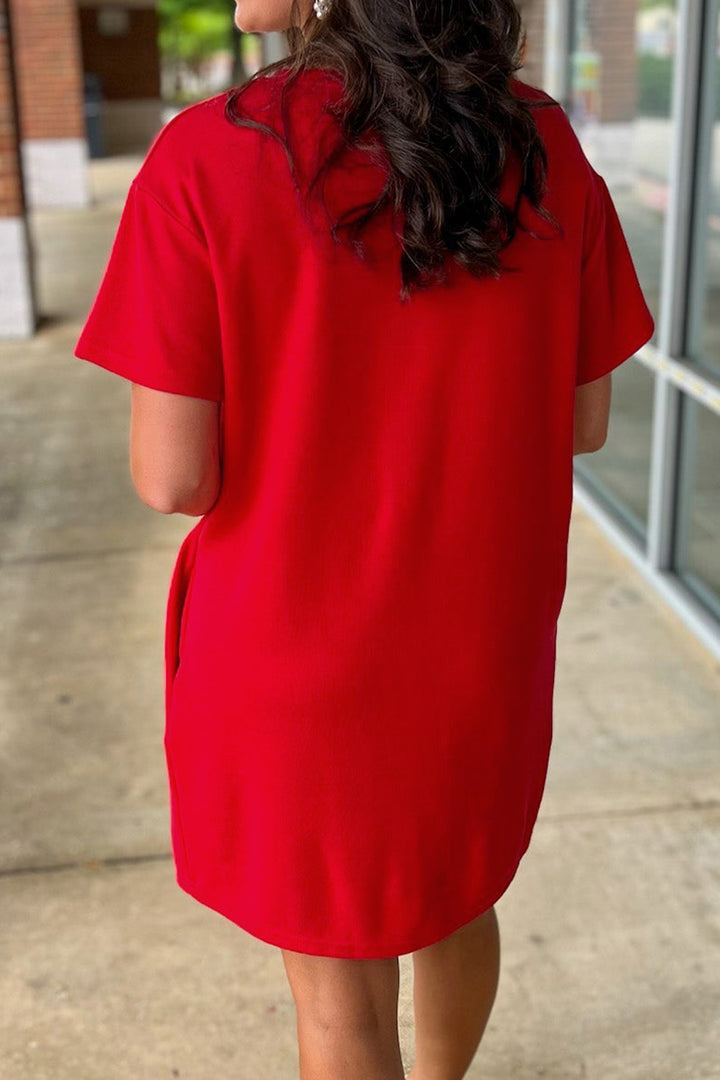 Fiery Red Sequin Trim Stars and Stripes Bow Patched T Shirt Mini Dress