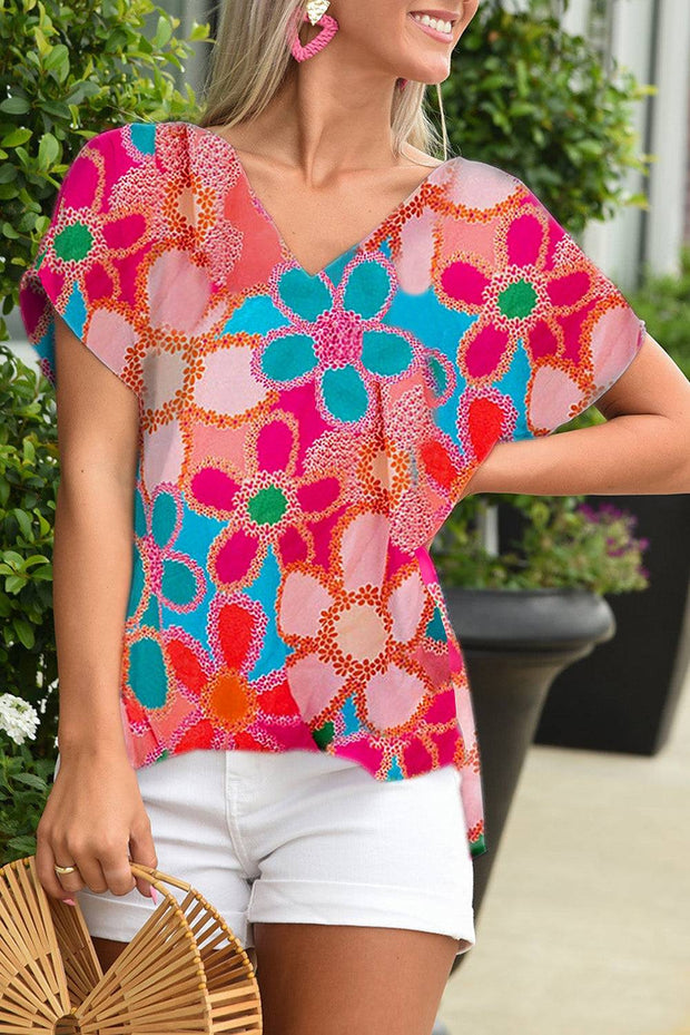 Pink Abstract Print V Neck Short Sleeve Dolman Blouse - Pink / S