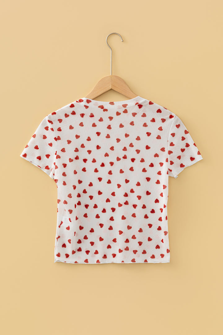Red Allover Heart Print Mesh Short Sleeve Top