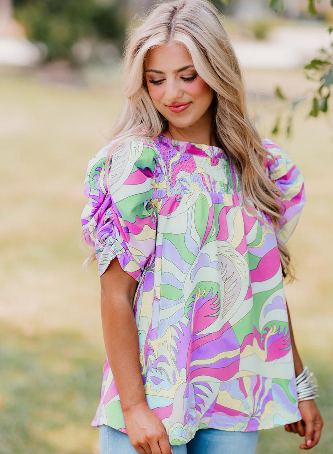 Abstract Print Bubble Sleeve Smock Detail Blouse