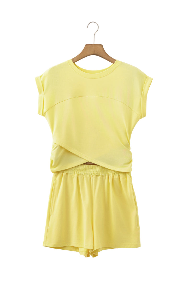 Solid Short Sleeve Elastic Waist Pocket Casual Two-Piece Short Set