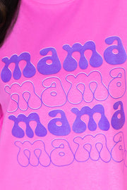 a woman wearing a pink shirt with purple writing on it
