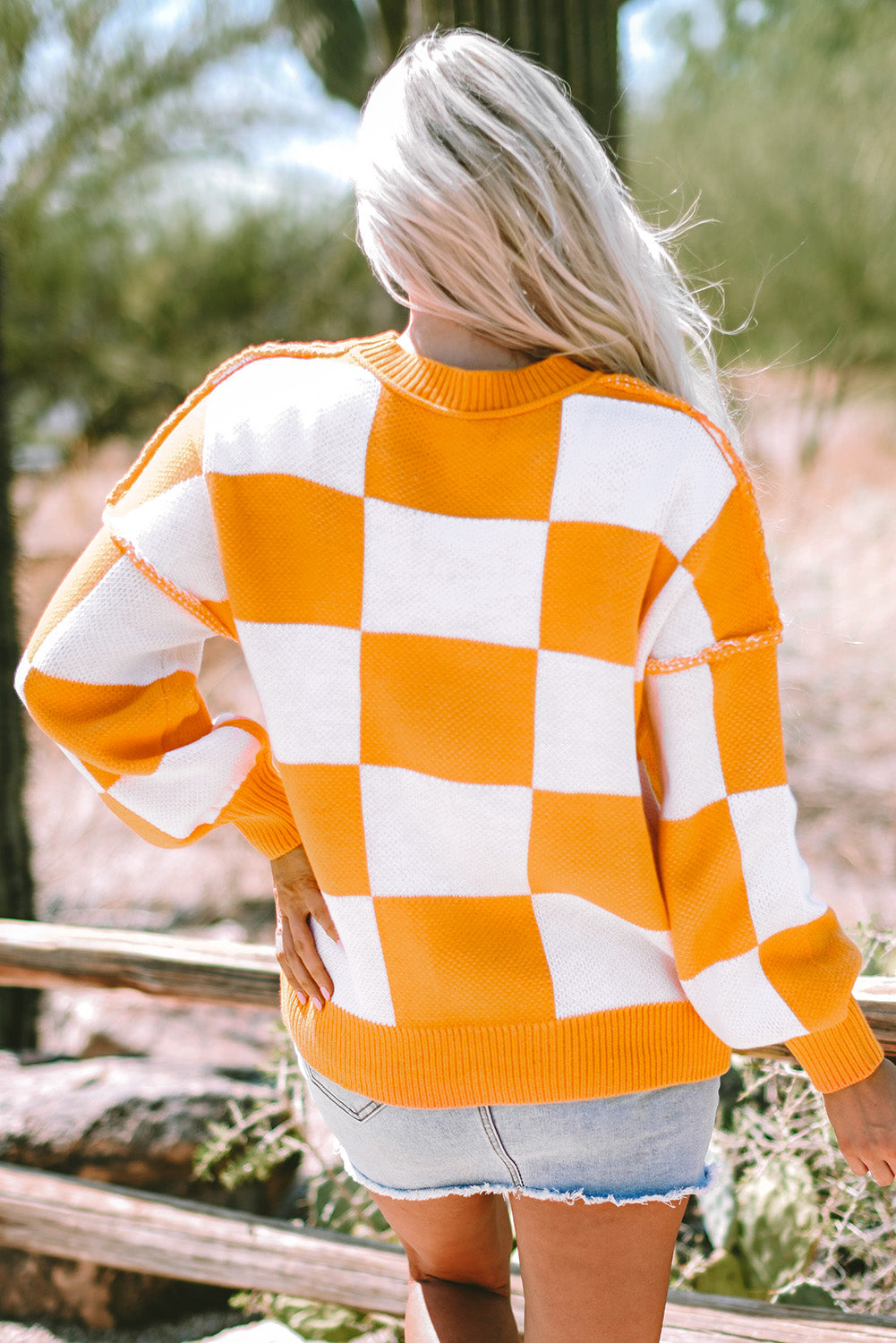 Checkered Bishop Sleeve Sweater