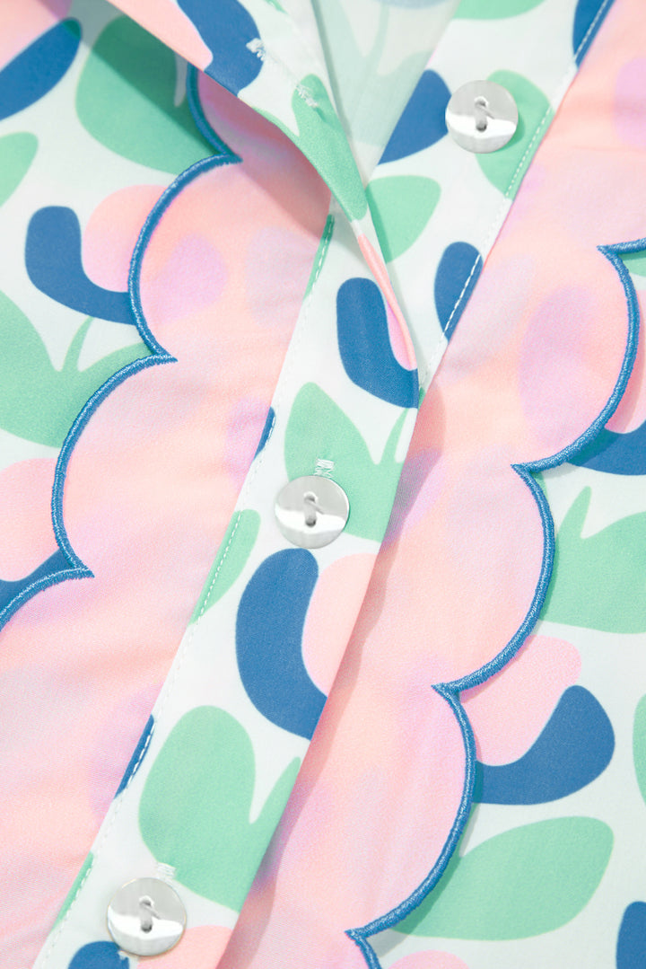 Green Floral Print Notched Neck Scalloped Detail Long Sleeve Mini Dress