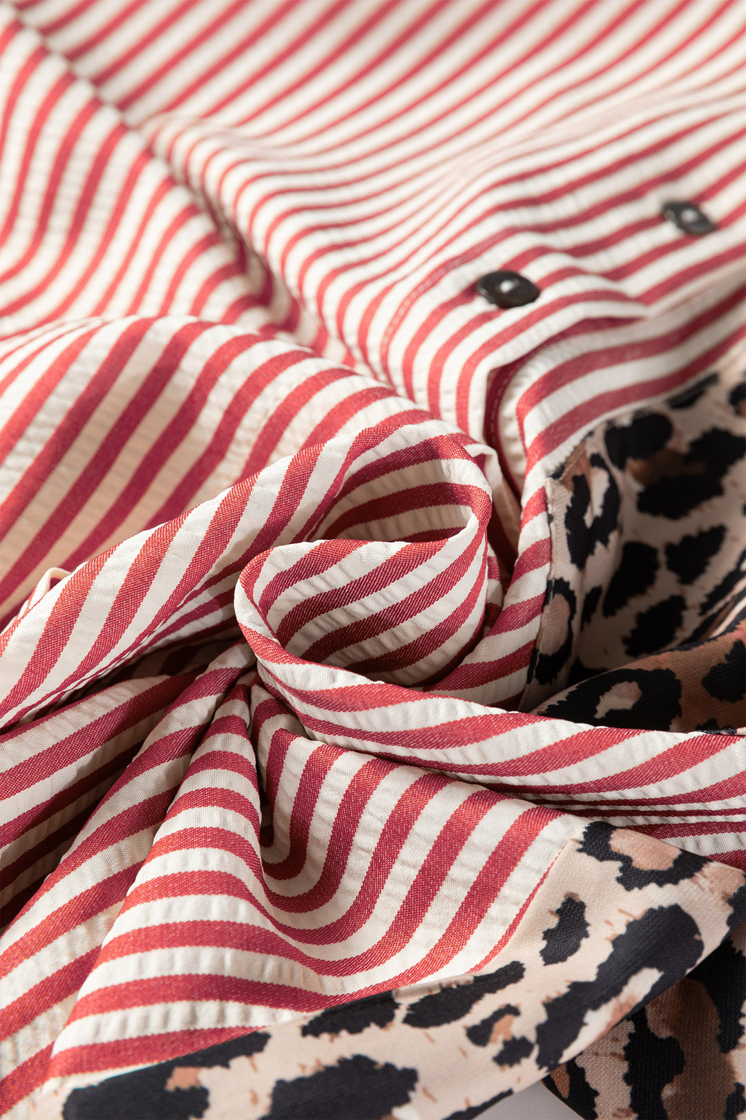 Red Striped Leopard Print Patchwork Button Up Women's Shirt