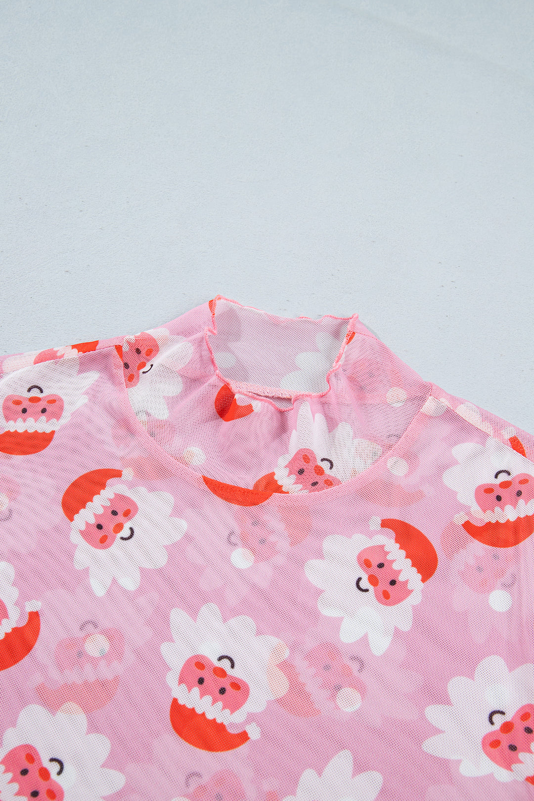 Pink Abstract Santa Print Stand Neck Sheath Long Sleeve Top