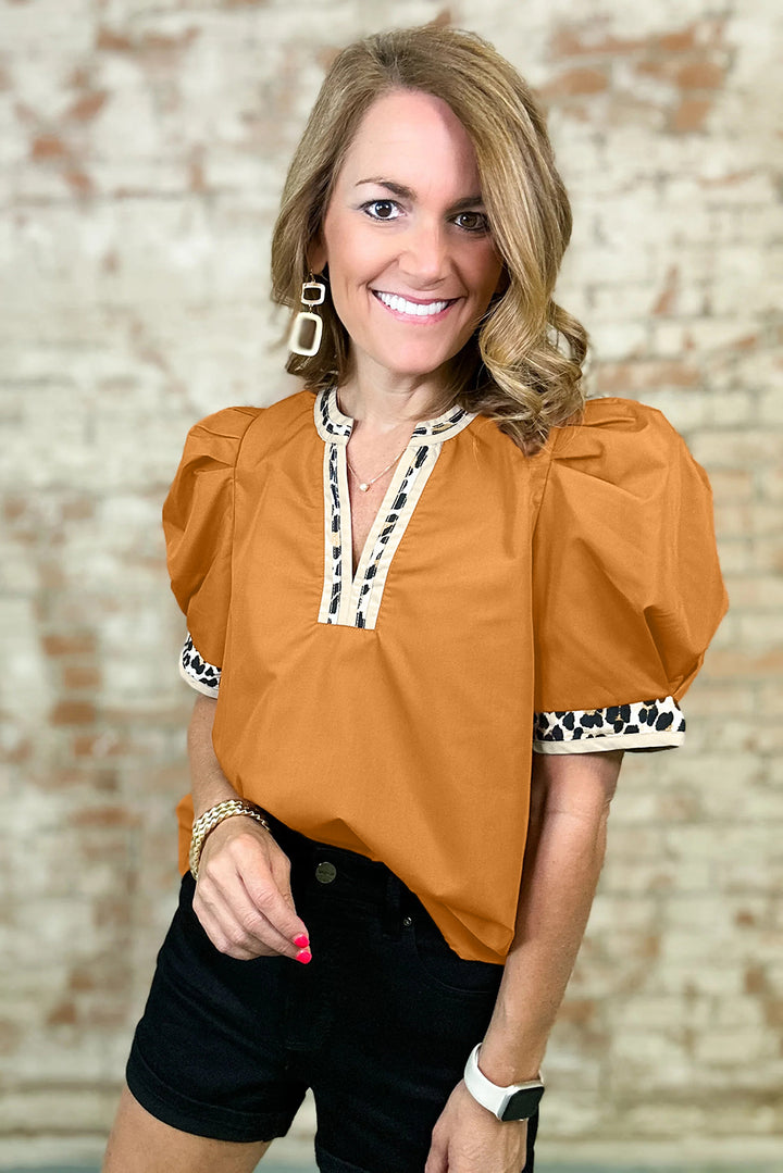 Leopard Trim Split Neck Puff Sleeve Blouse
