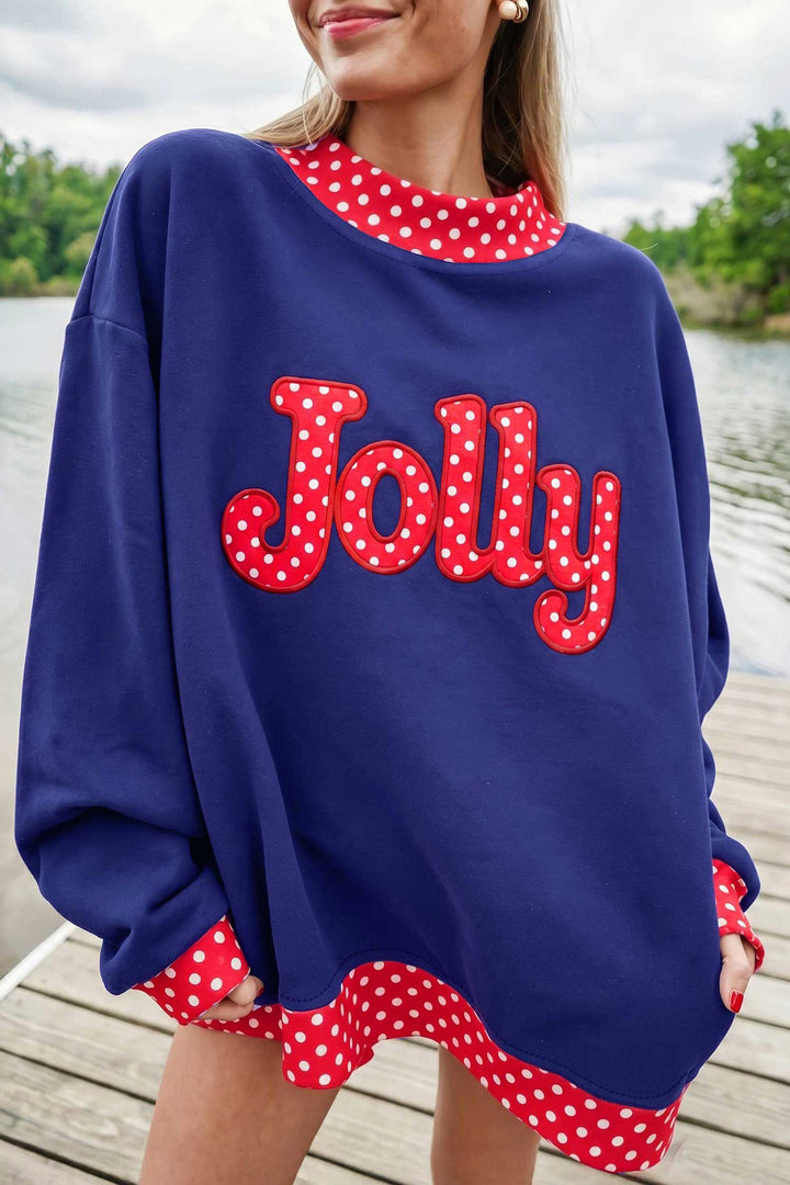 Polka Dot Letter Print Contrast Trim Mock Neck Sweatshirt