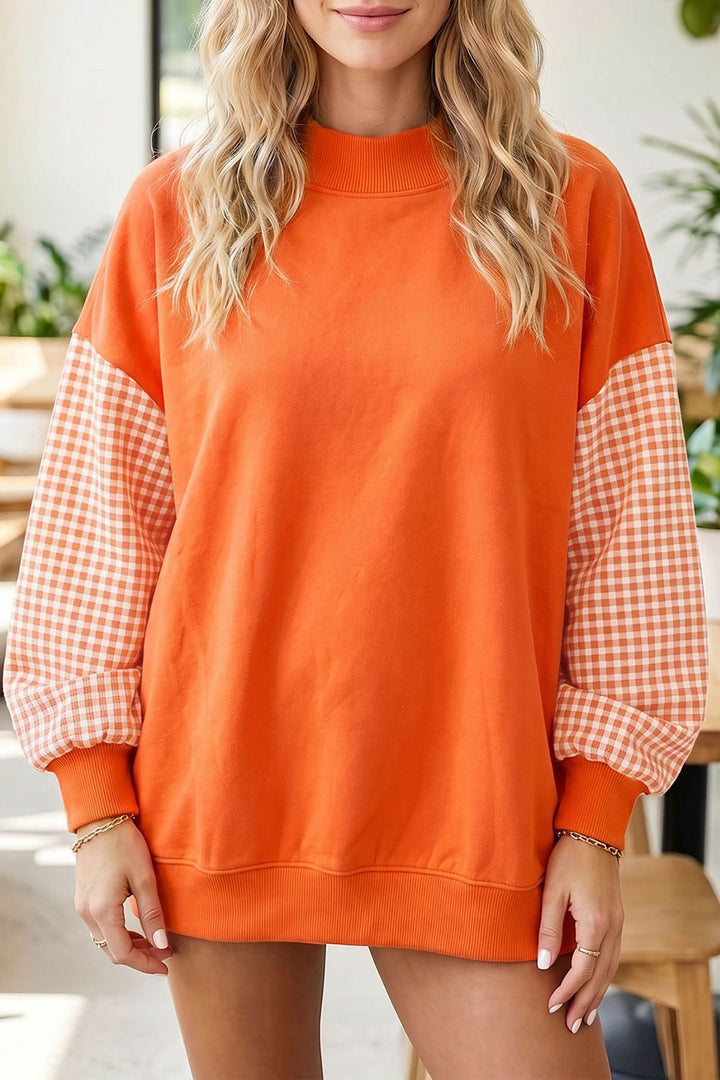 Plaid Sleeve Color block Loose Tunic Sweatshirt