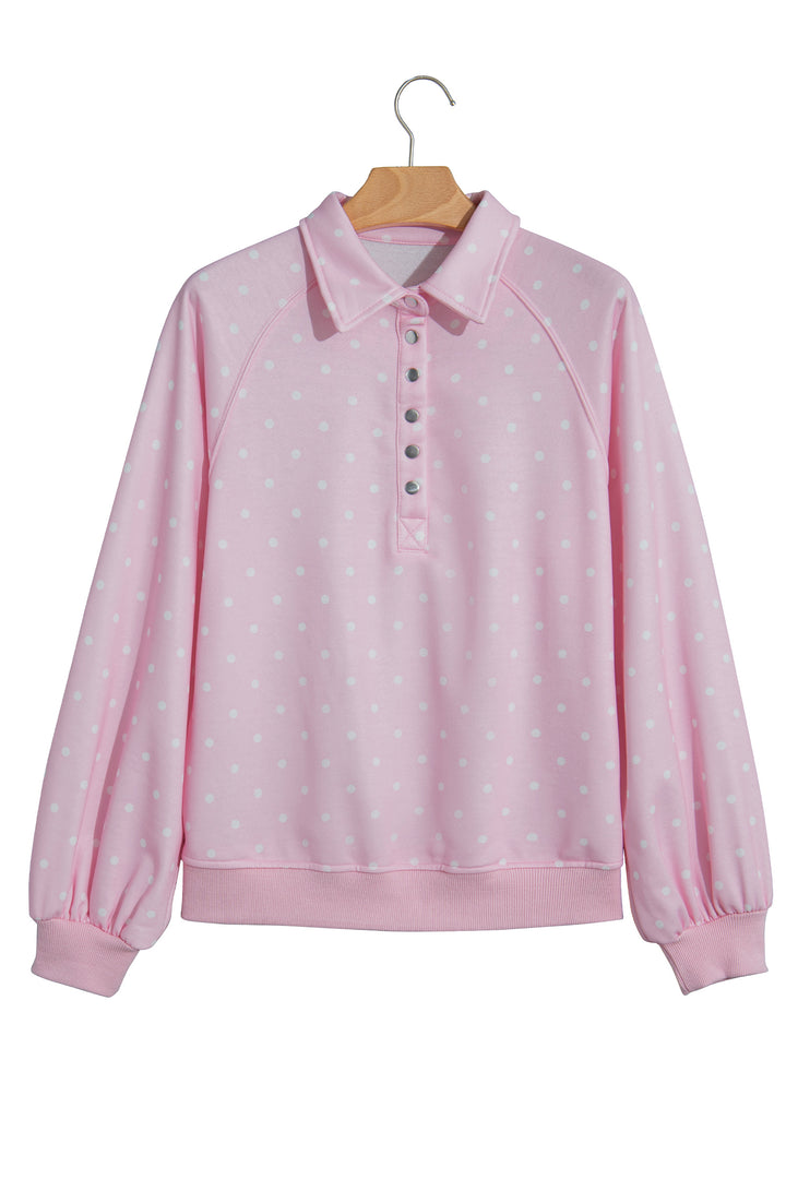 Polka Dot Print Metal Button Collar Casual Pullover Sweatshirt