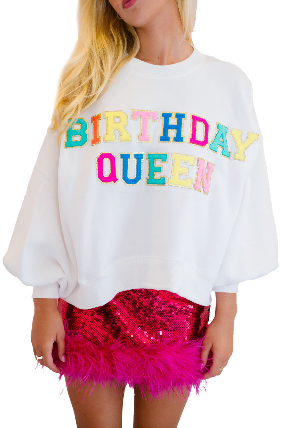 White BIRTHDAY QUEEN Graphic Lantern Sleeve Sweatshirt