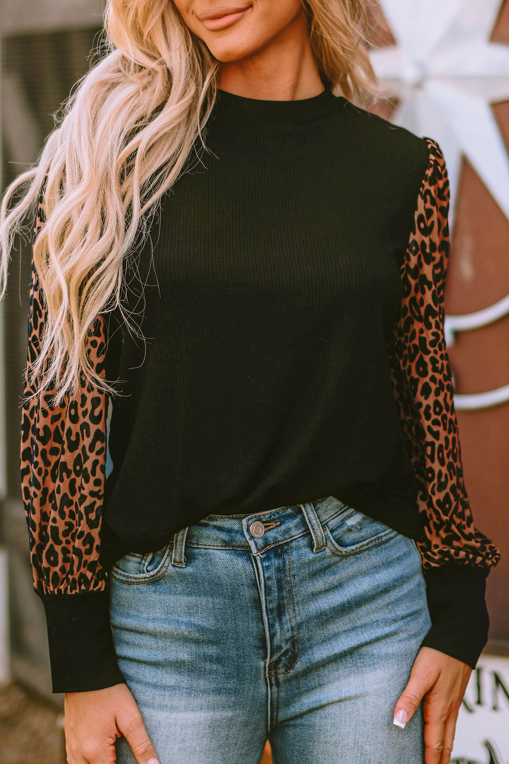 Leopard Print Long Sleeve Ribbed Knit Blouse