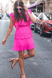 Bright Pink Pleated Layered Ruffle Sleeveless Mini Dress -